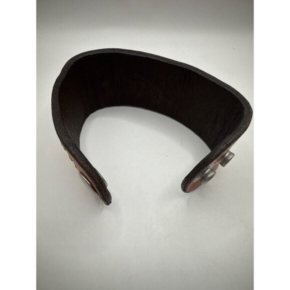 Handcrafted Adjustable Brown Leather Cuff Bracelet Decorative Stitching - Picture 4 of 7